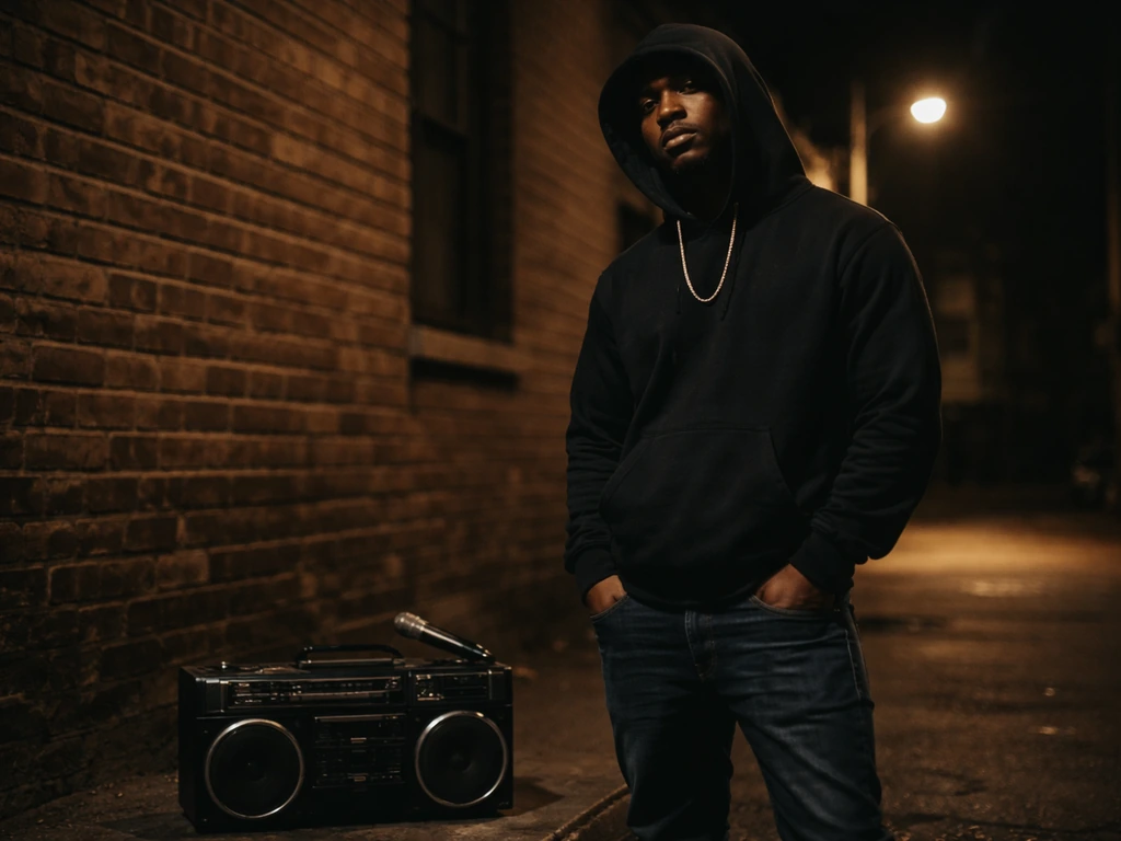 Anonymous East Coast hip-hop artist in a dark hoodie stands on a quiet brick street at night.