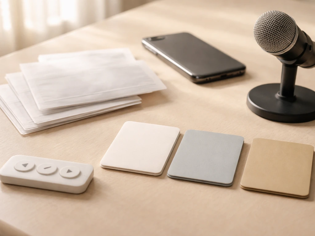 Close-up of stacked blank receipts and media tools on a desk, symbolizing music streaming income sources.