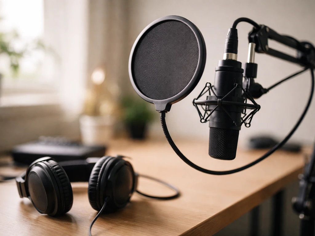 Minimal podcast setup with microphone, pop filter, and headphones on a desk in soft natural light.