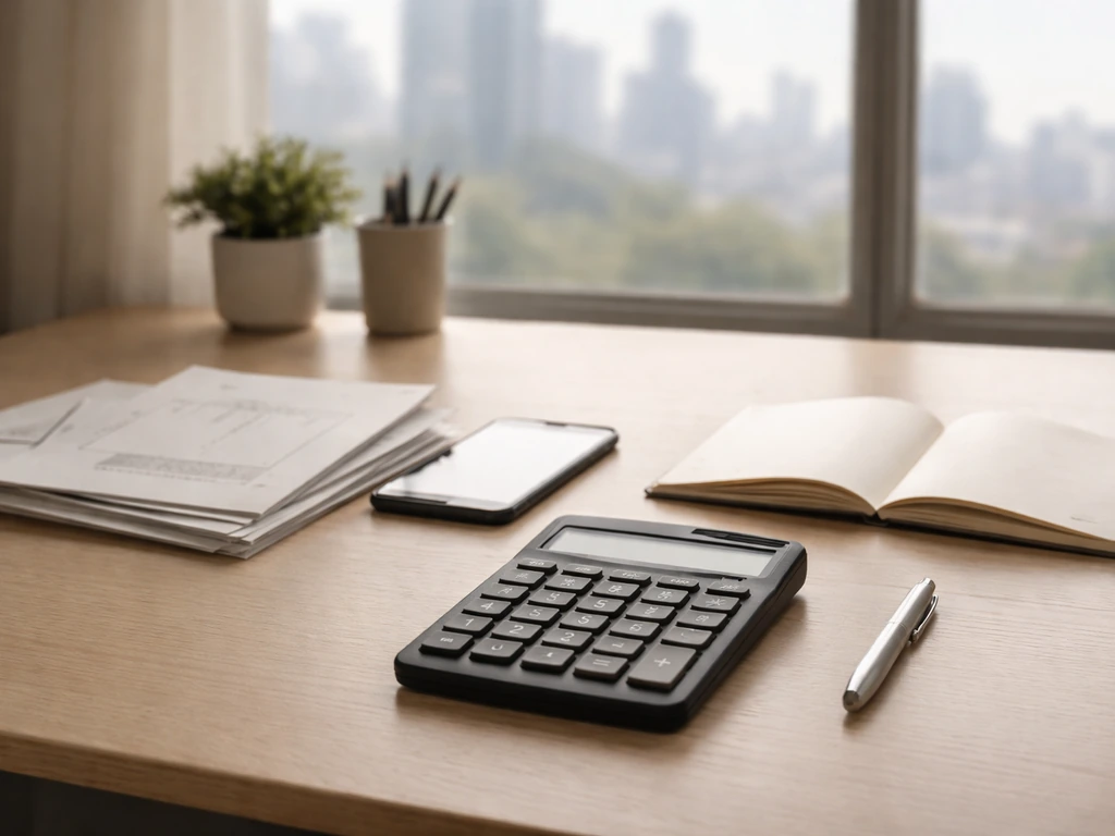 Minimal desk scene with papers and a calculator showing a net worth verification workflow.
