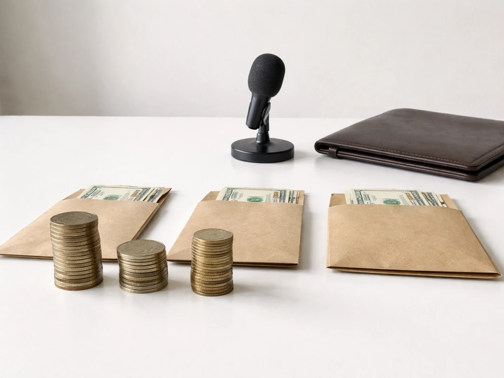 Symbolic scene showing three viewpoints on money and family wealth without people