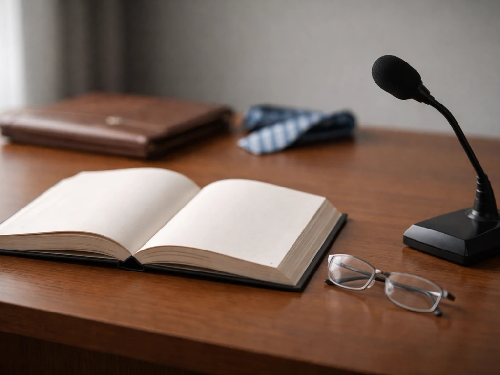Open book and reading glasses beside a microphone and podium base, symbolizing royalties and speaking income