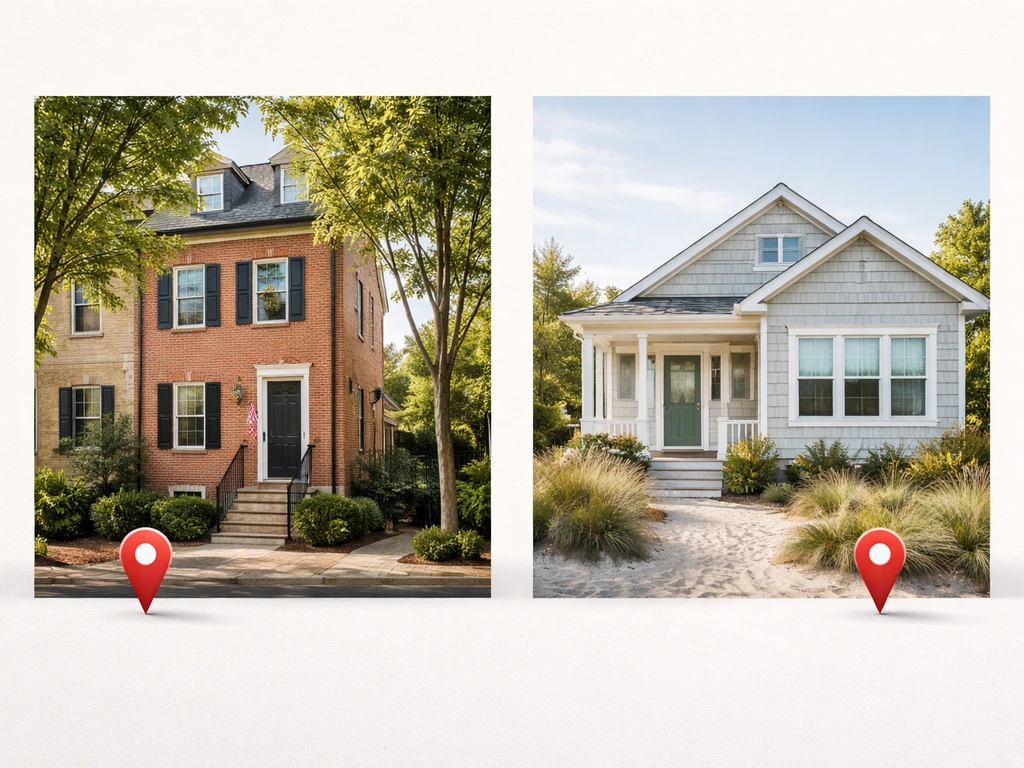 Minimal photo of two different Delaware-style house exteriors on a neutral background, symbolizing Wilmington and Rehobo
