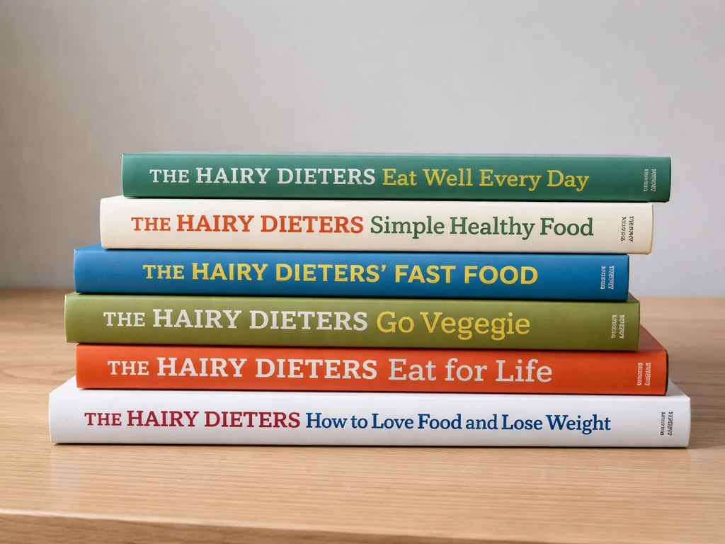 Hardcover cookbooks from The Hairy Dieters laid out on a table, titles clearly visible.