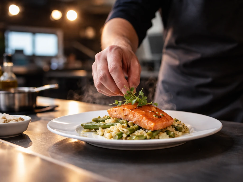 Chefs plating a dish in a studio kitchen set with soft lights, suggesting TV production earnings.