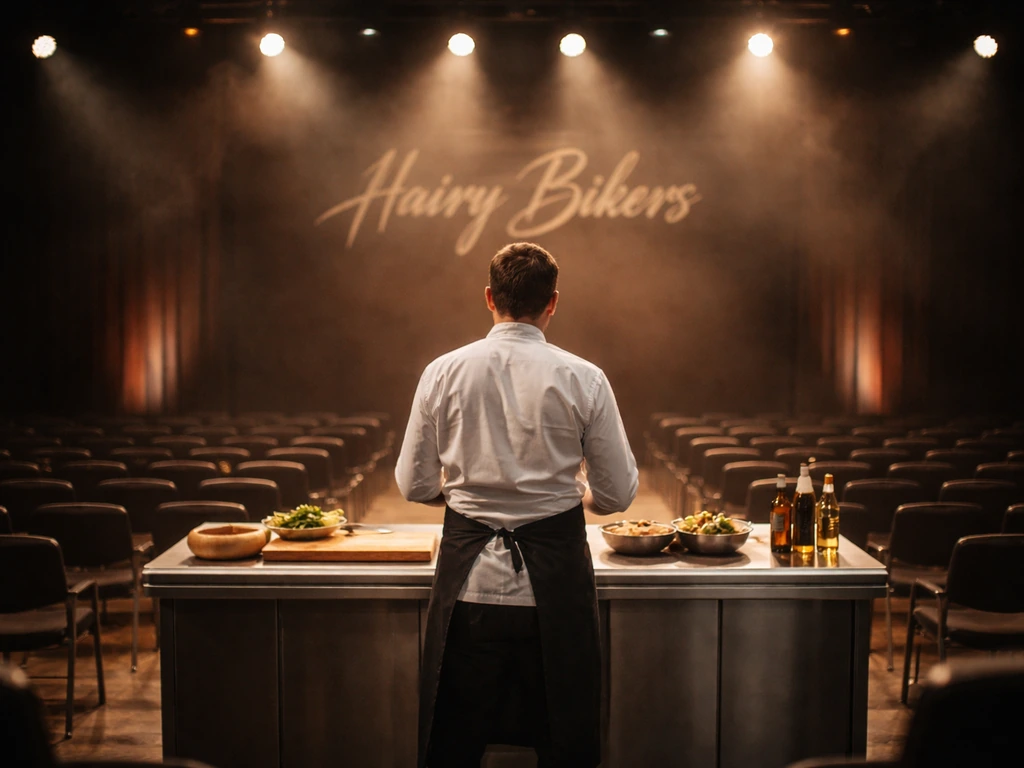 Audience-facing stage with a chef silhouette cooking at a live event backdrop, bright lights and empty seating.