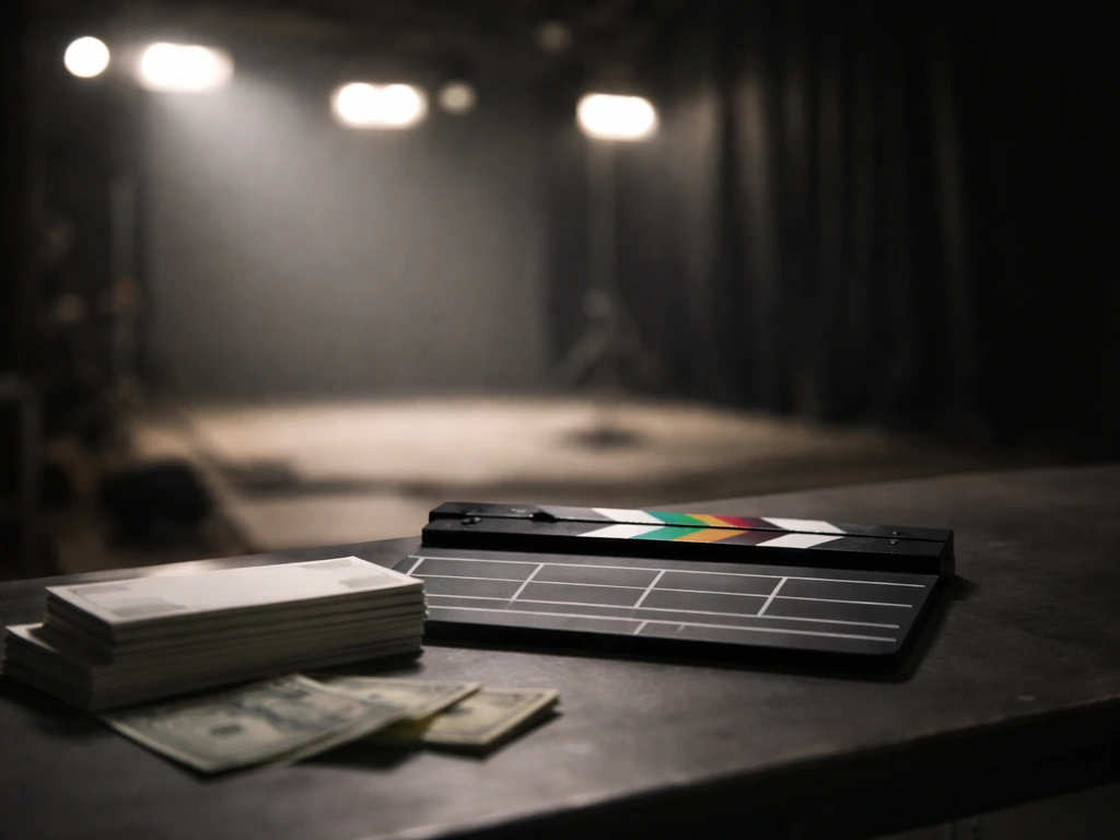 Cinematic film/production set scene with a slate and scattered cash symbolizing media-company net worth estimates.