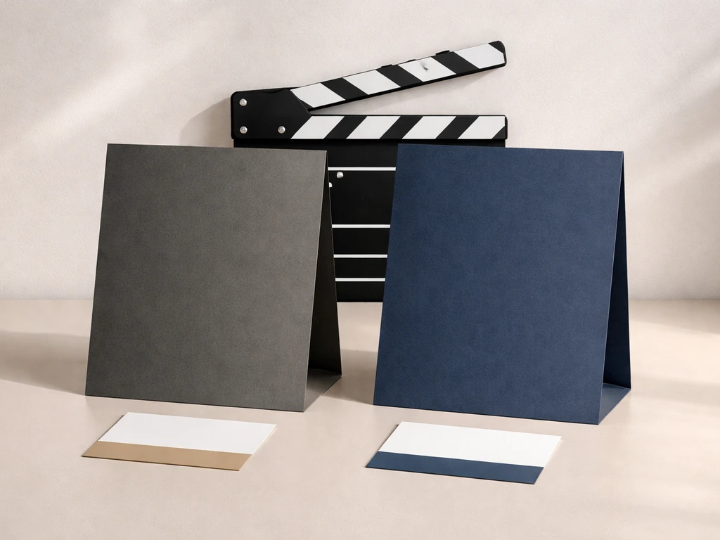 Minimal desk scene with two blank folders and business cards beside a film clapboard for company comparison.