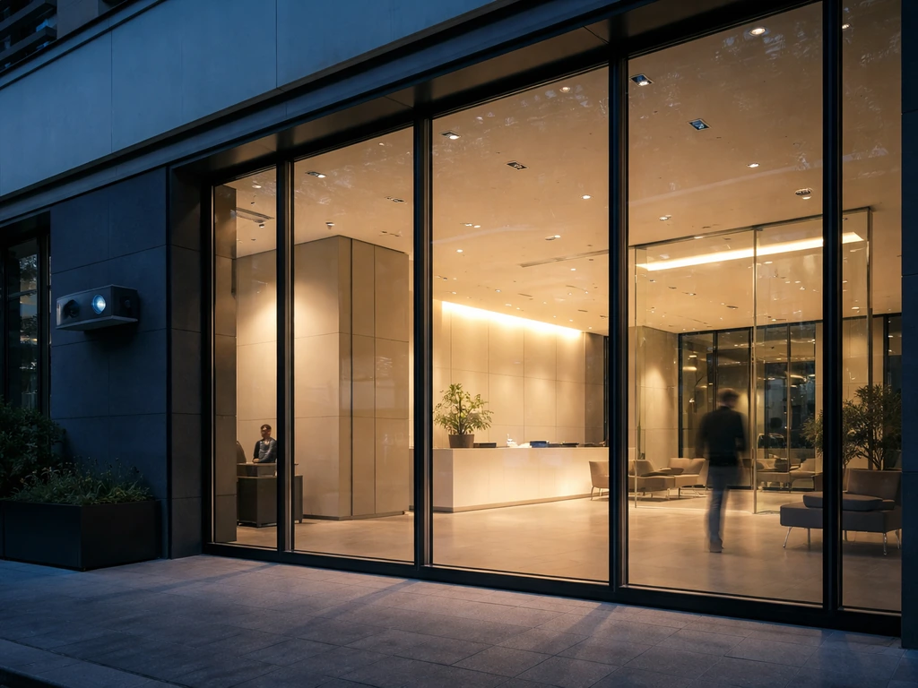 Glass corporate office facade in Paris at dusk, conveying a media company deal context.