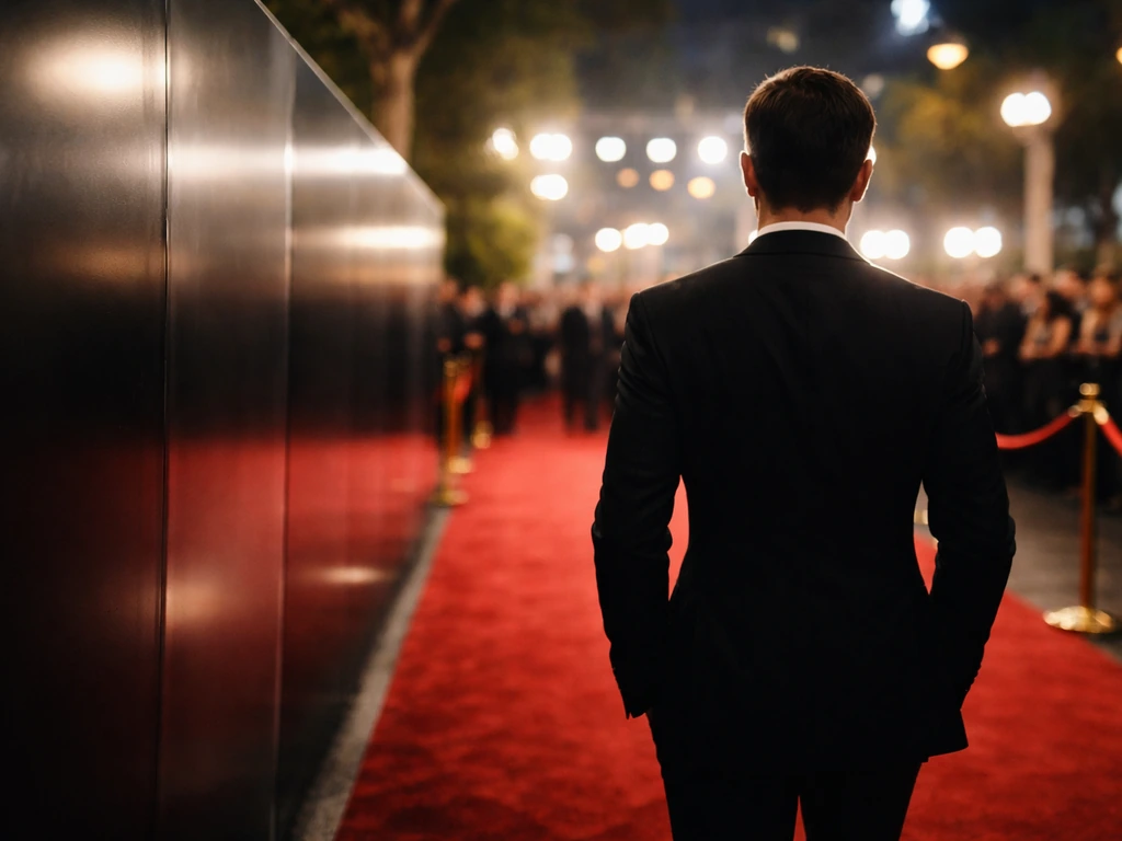 Anonymous suited actor silhouette on a red carpet at a Hollywood premiere backdrop.