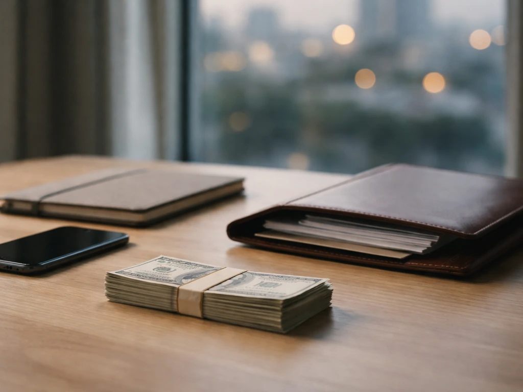 Minimal desk photo with cash stack and open portfolio, symbolizing a net-worth floor concept.