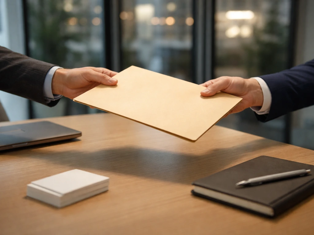 Anonymous hands passing a small investment proposal folder across a simple desk in a VC office.