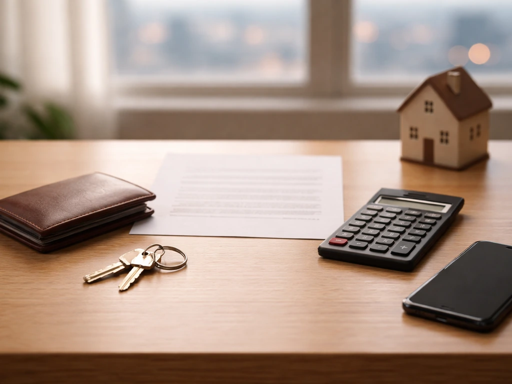 Minimal desk scene with keys, wallet, document-like paper, calculator, and a small house figurine.
