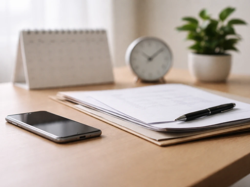 Minimal desk scene with smartphone and documents symbolizing tracking updates for net worth changes.