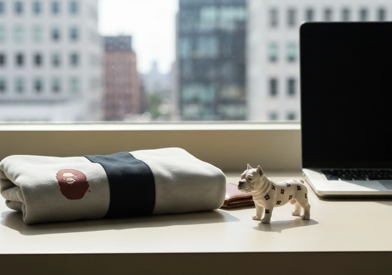Streetwear hoodie and wallet on a desk beside a generic dog accessory, suggesting net-worth research.