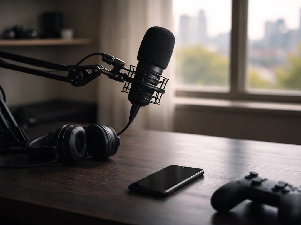 Minimal photo of an anonymous creator working at a desk with gaming gear and a streaming mic