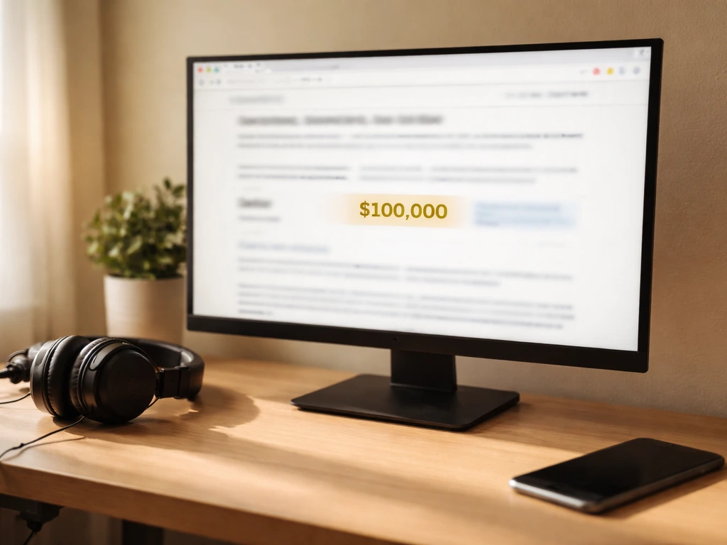 Minimal home office with a blurred webpage on a monitor implying a net worth figure.