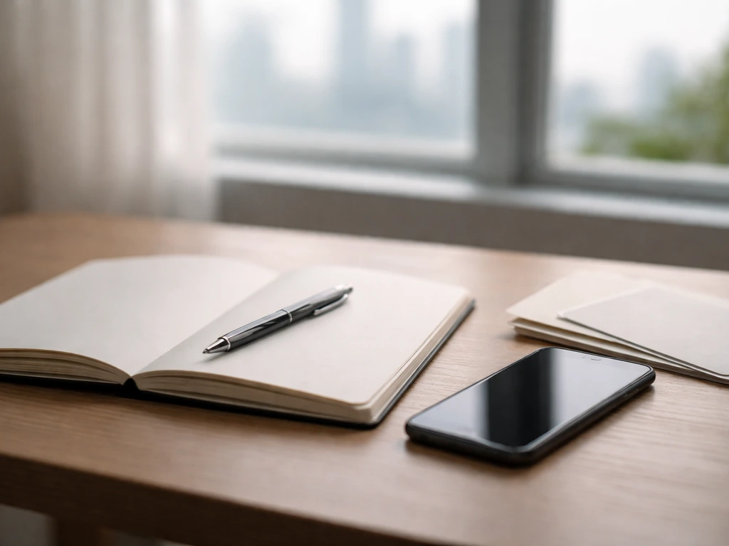 Minimal desk scene with notebook, pen, and smartphone suggesting verifying public net-worth signals