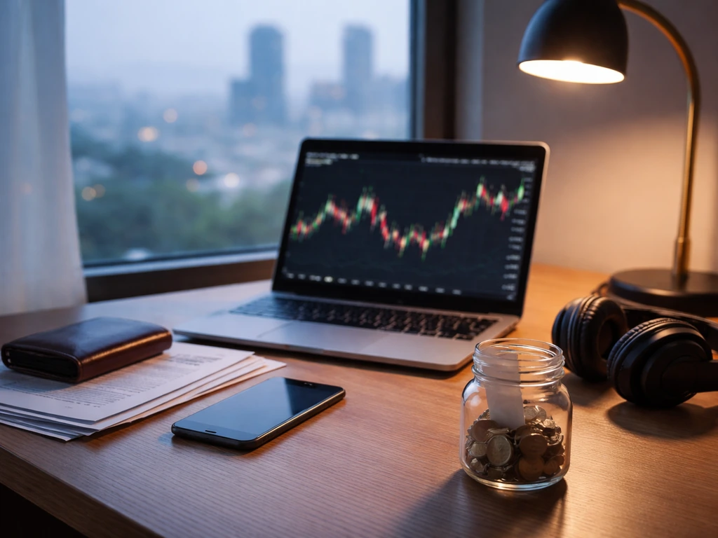 Minimal desk scene with trading screens and documents suggesting verifying assets and liabilities