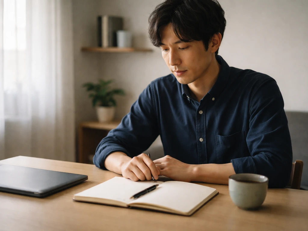 Anonymous Japanese trader in a quiet desk setup, tea cup and blank notebook under natural morning light.