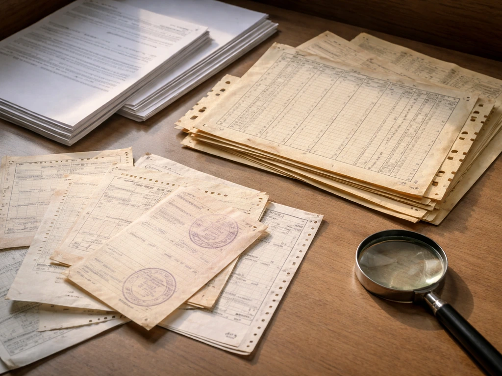 Close-up of handwritten notes, paper receipts, and archived finance documents arranged like an evidence board