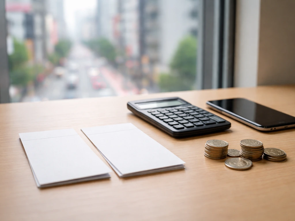 Minimal desk scene with yen coins and mismatched unlabelled order papers suggesting a trade pricing error.