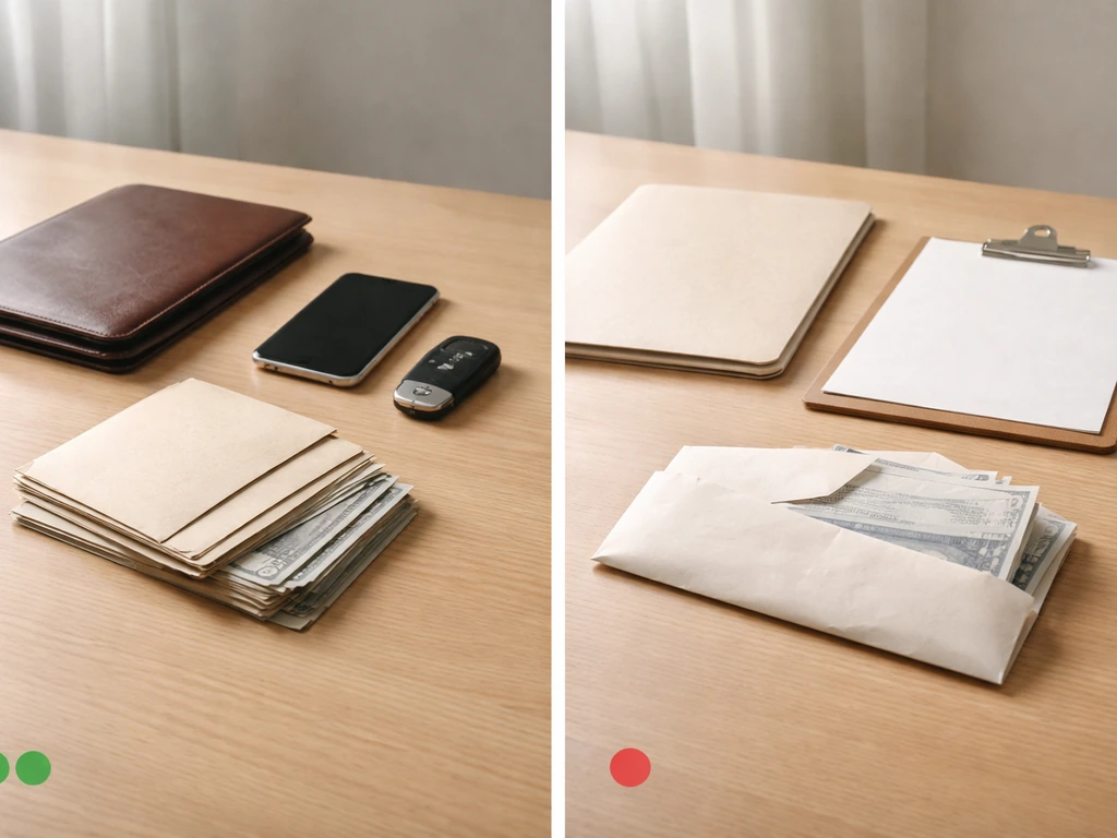 Minimal split desk scene: assets side with portfolio/cash, liabilities side with bills/clipboard, with subtle confidence