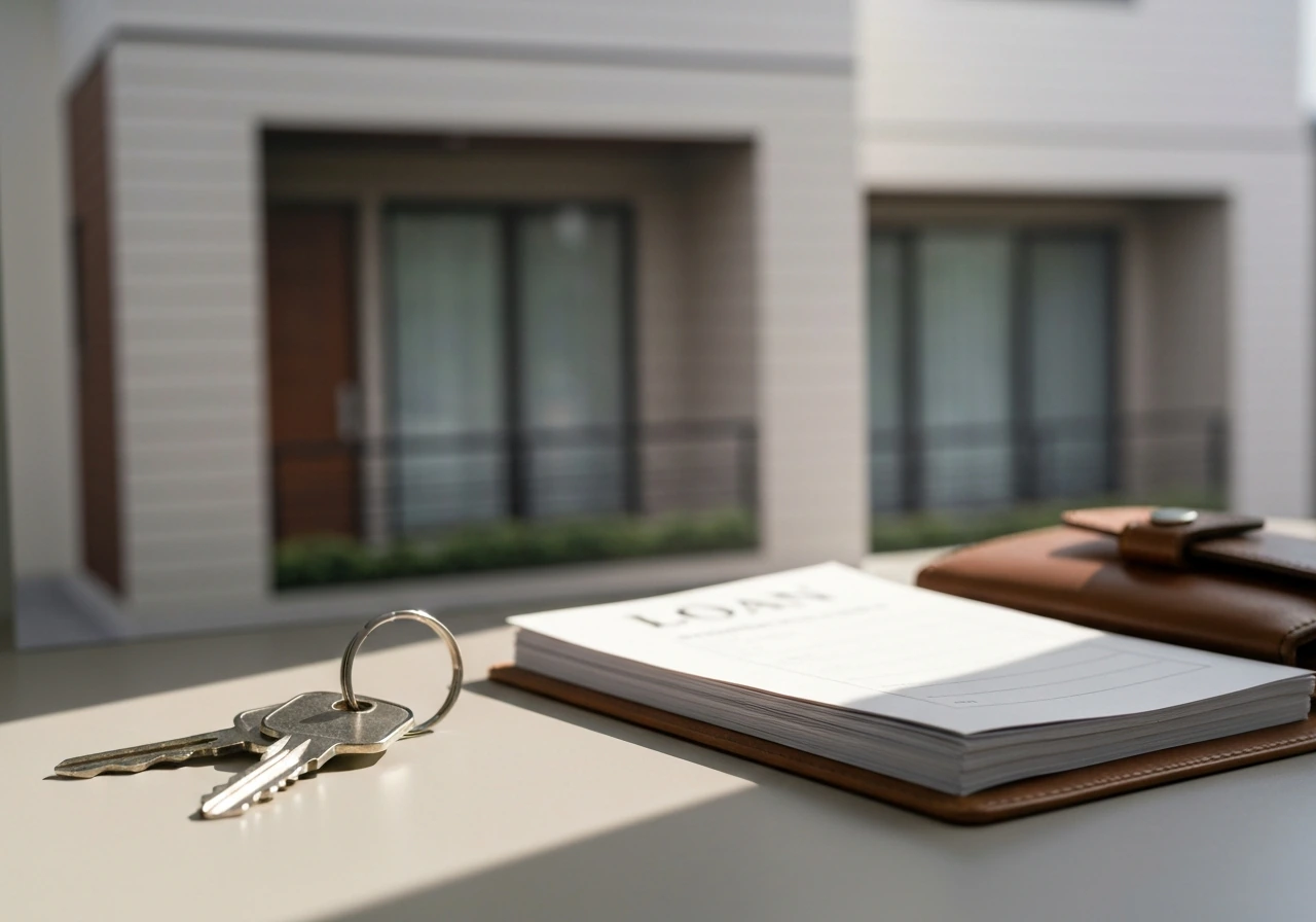 House keys beside blank loan paperwork on a table, suggesting assets and liabilities.