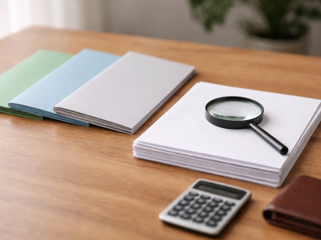 Magnifying glass over financial documents on a desk with category folders representing income, assets, liabilities.