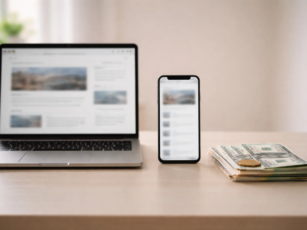 Desk with laptop and phone showing blurred finance pages, plus cash and a coin for net-worth source comparison.