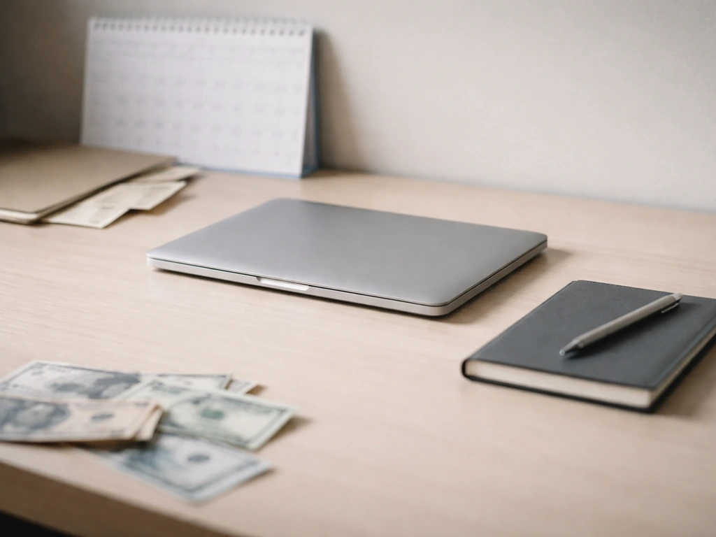 Minimal photo of a desk with scattered banknotes and a closed laptop, symbolizing shifting net worth reports
