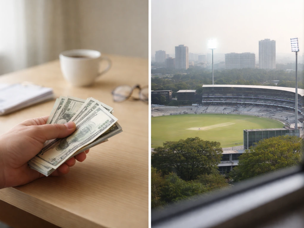 Minimal split-screen: money stack on one side, blurred stadium and city on the other.