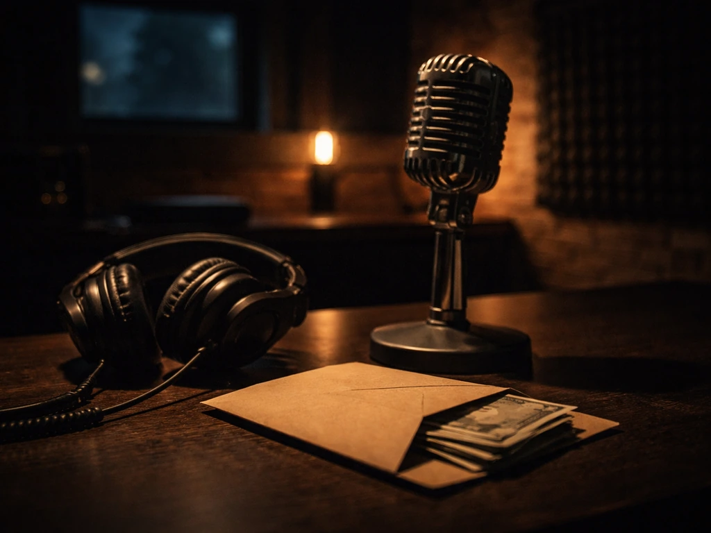 Moody studio scene with an old microphone and a cash-styled envelope on a desk at night