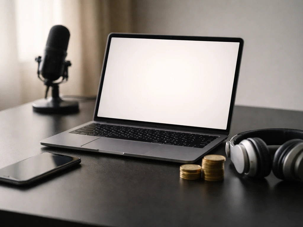 Minimal desk scene with laptop, phone, coins, and microphone hinting at multiple search meanings without text.