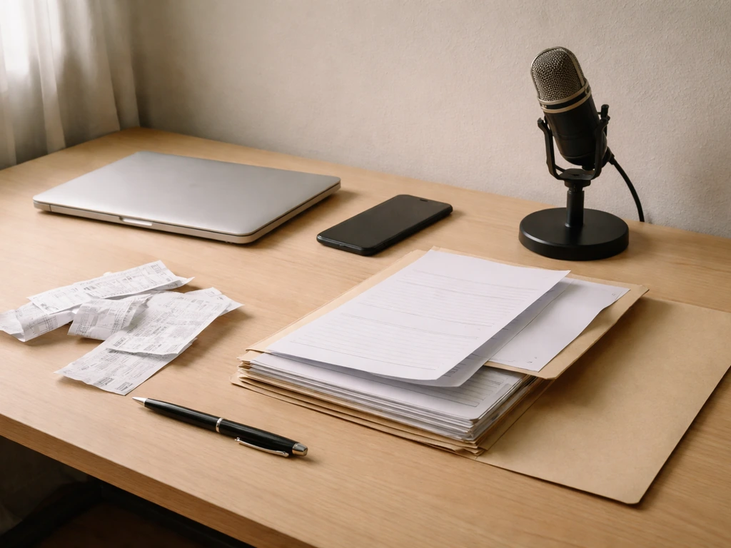 Empty desk with scattered financial documents, a muted microphone, and a phone suggesting missing primary records