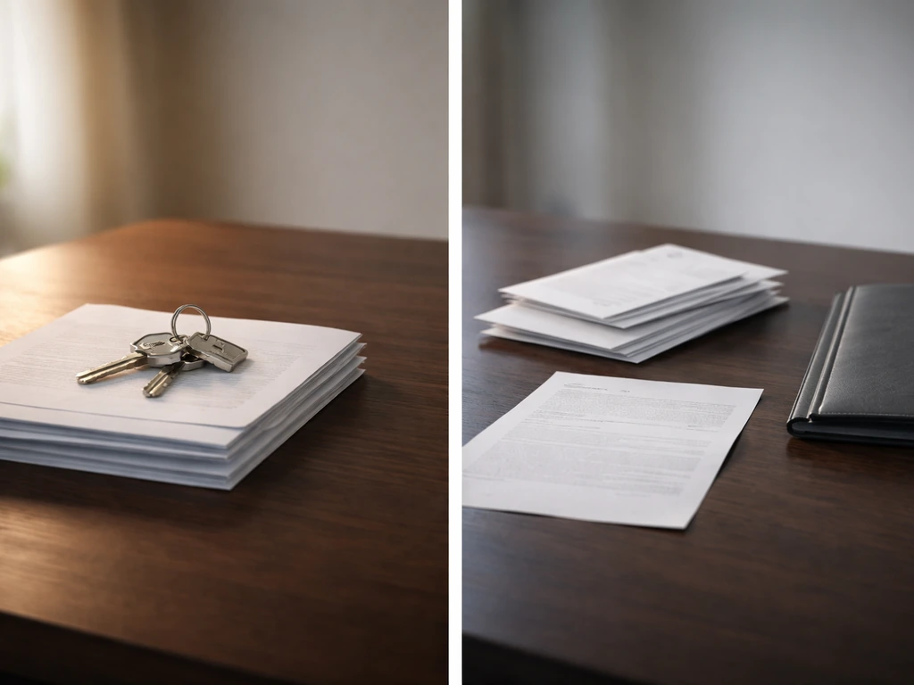 Minimal split scene showing assets and liabilities symbolism: neatly arranged keys and documents vs bills and a mortgage