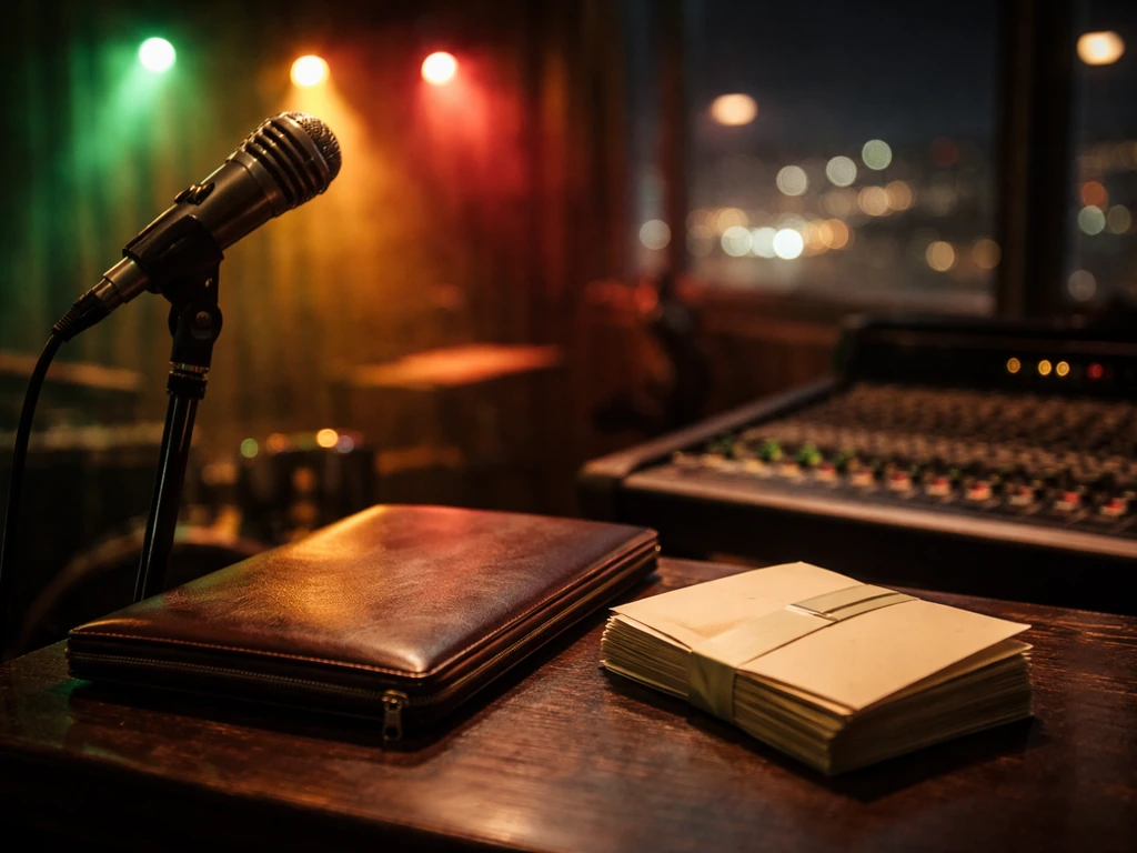 Vintage microphone on a studio desk with soft stage lights and symbolic money envelopes, no people shown.