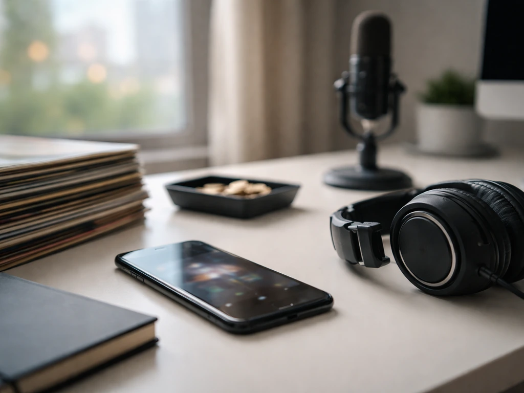 Smartphone beside vinyl and studio headphones on a desk, softly implying music streaming evidence.