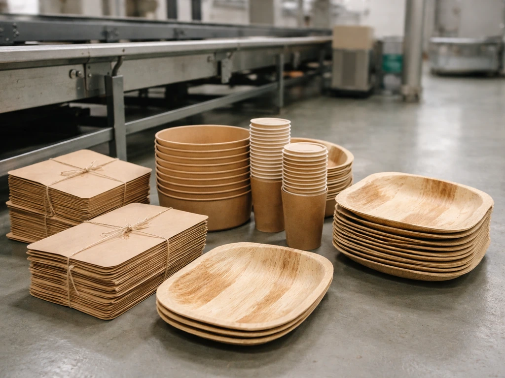 Eco-friendly disposable packaging materials on a clean factory floor, symbolizing sustainable business earnings