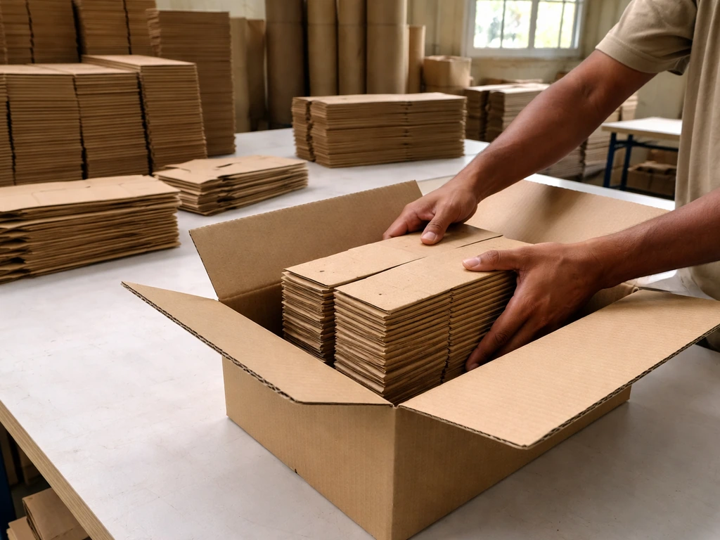 Anonymous hands folding kraft paper packaging in an Indian factory workspace with cartons and paper rolls.