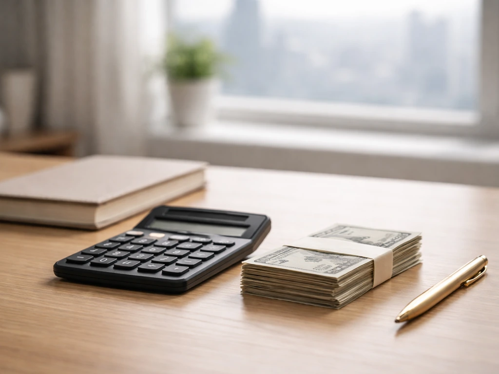 Minimal photo of a desk with a calculator and scattered cash, symbolizing a net worth estimate range.