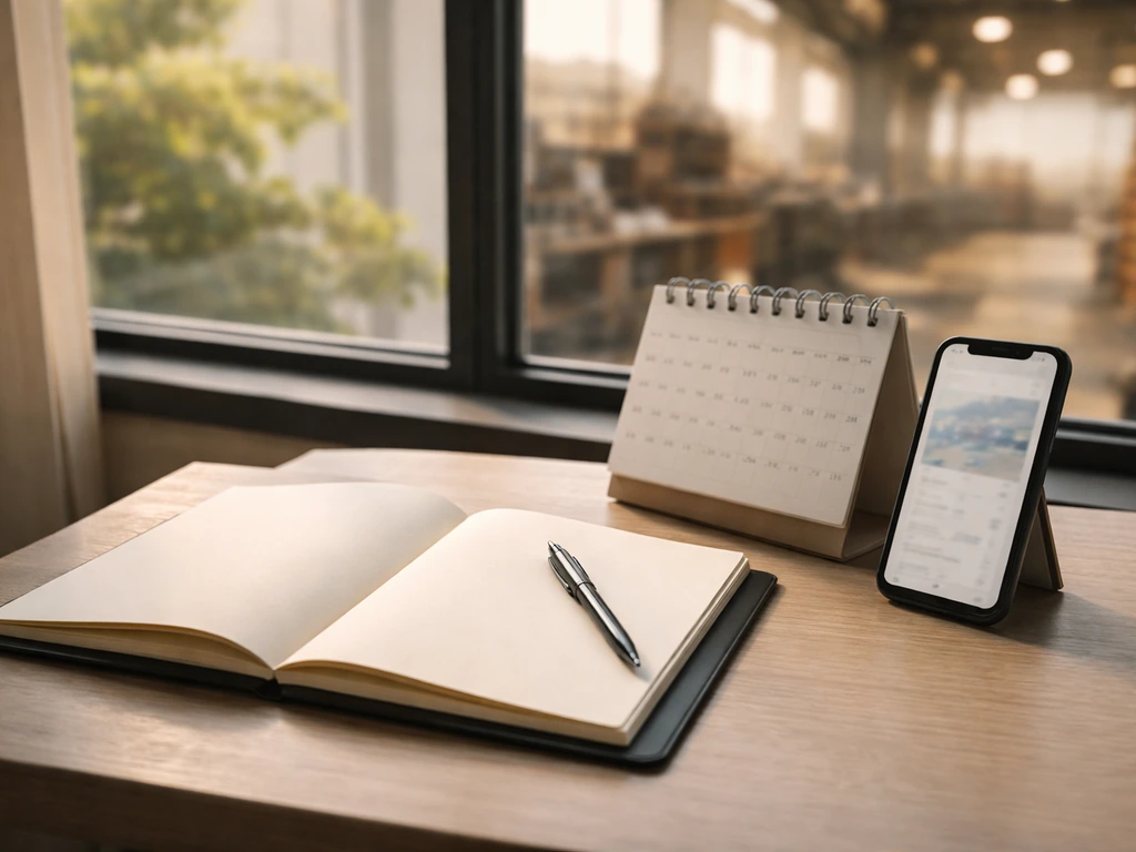 Minimal desk scene with notebook, pen, blurred phone, and soft workshop-to-factory background suggesting wealth mileston