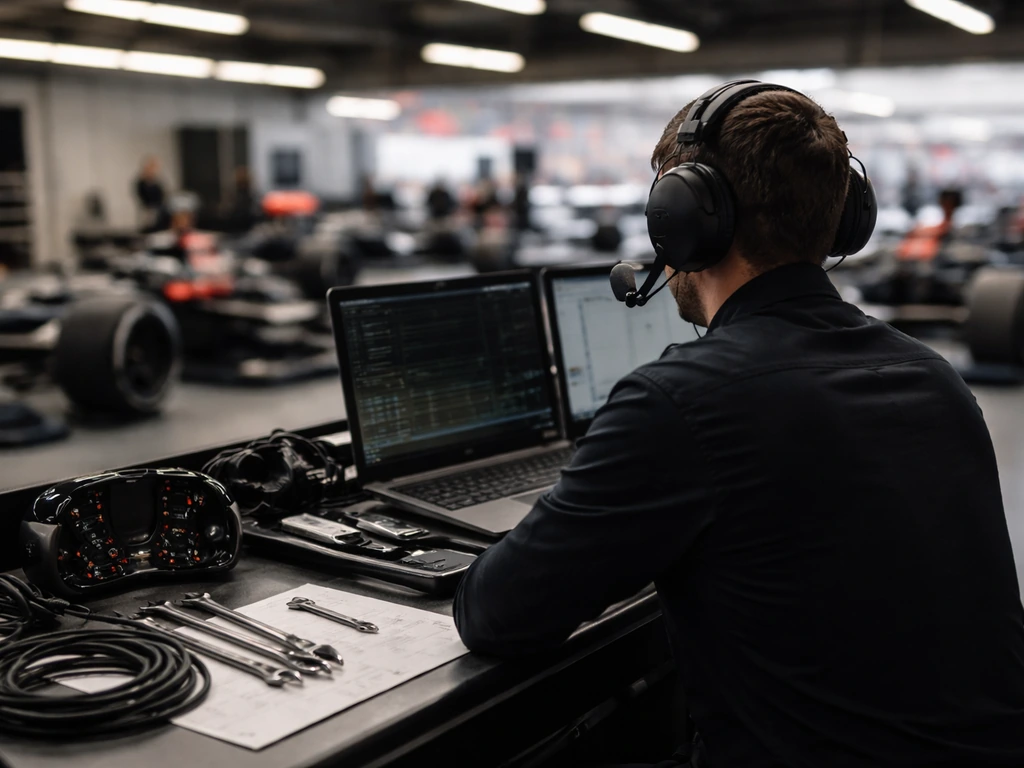 Anonymous engineer working in an F1 garage tech area with a car and tools nearby