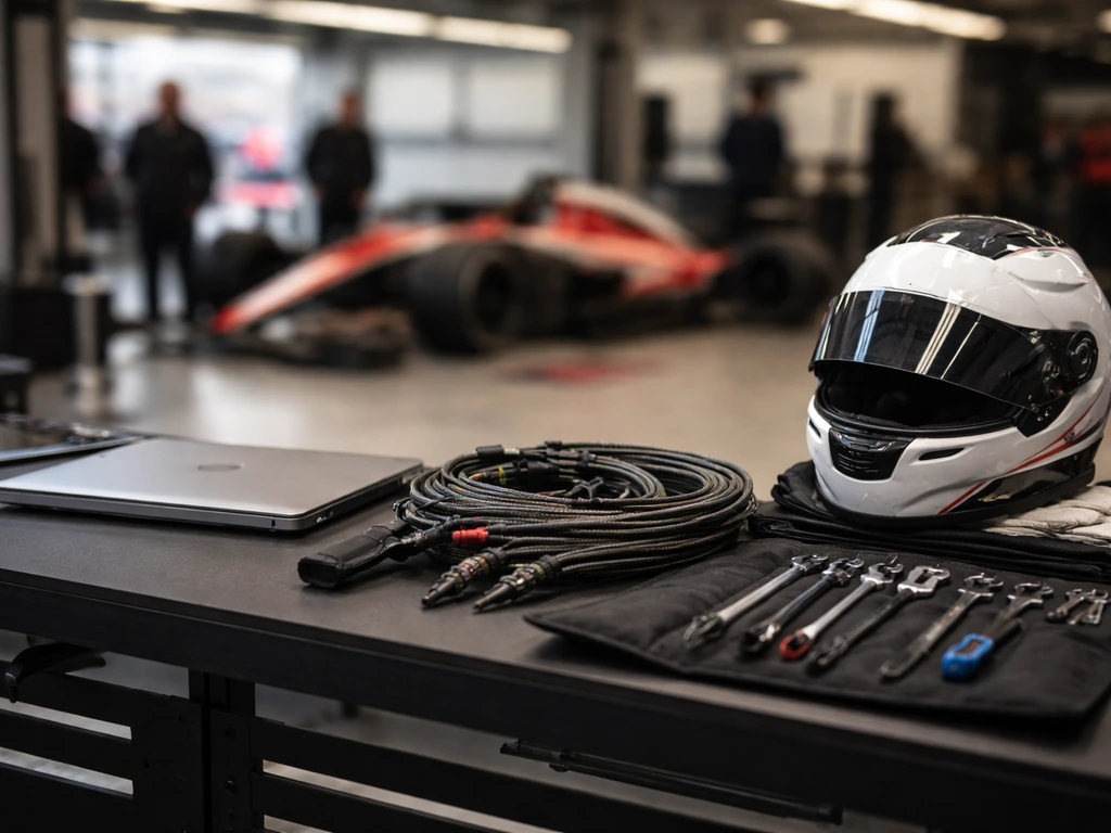 Race-engineering workstation in an F1-style paddock, symbolizing long-term career growth and wealth