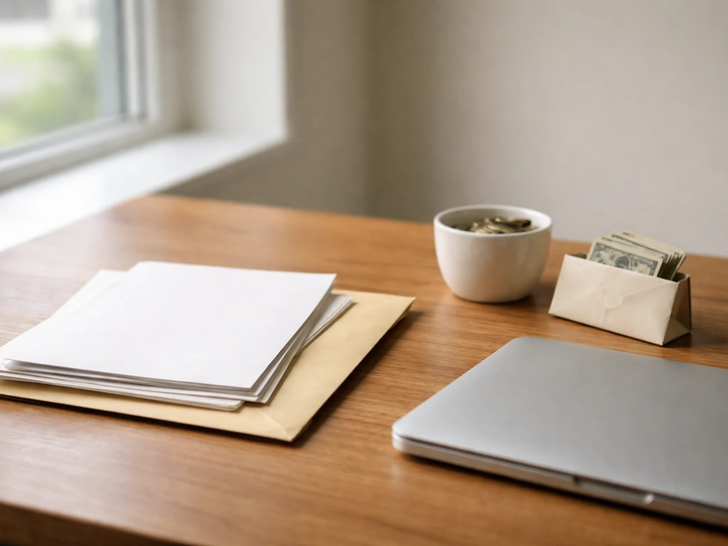 Minimal photo of two envelopes and a small stack of documents beside a laptop in a quiet office