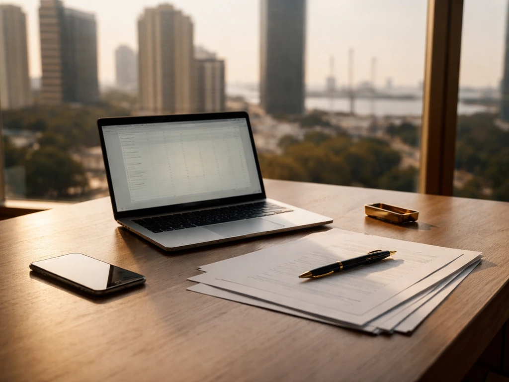Minimal Lagos office desk with laptop, documents, and gold accessories symbolizing business wealth analysis.