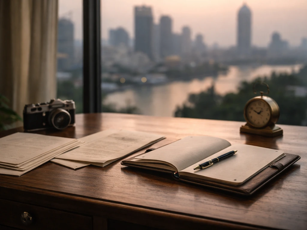 Empty office desk with vintage Nigerian business memorabilia and a blurred city skyline at dusk, archival tribute mood.