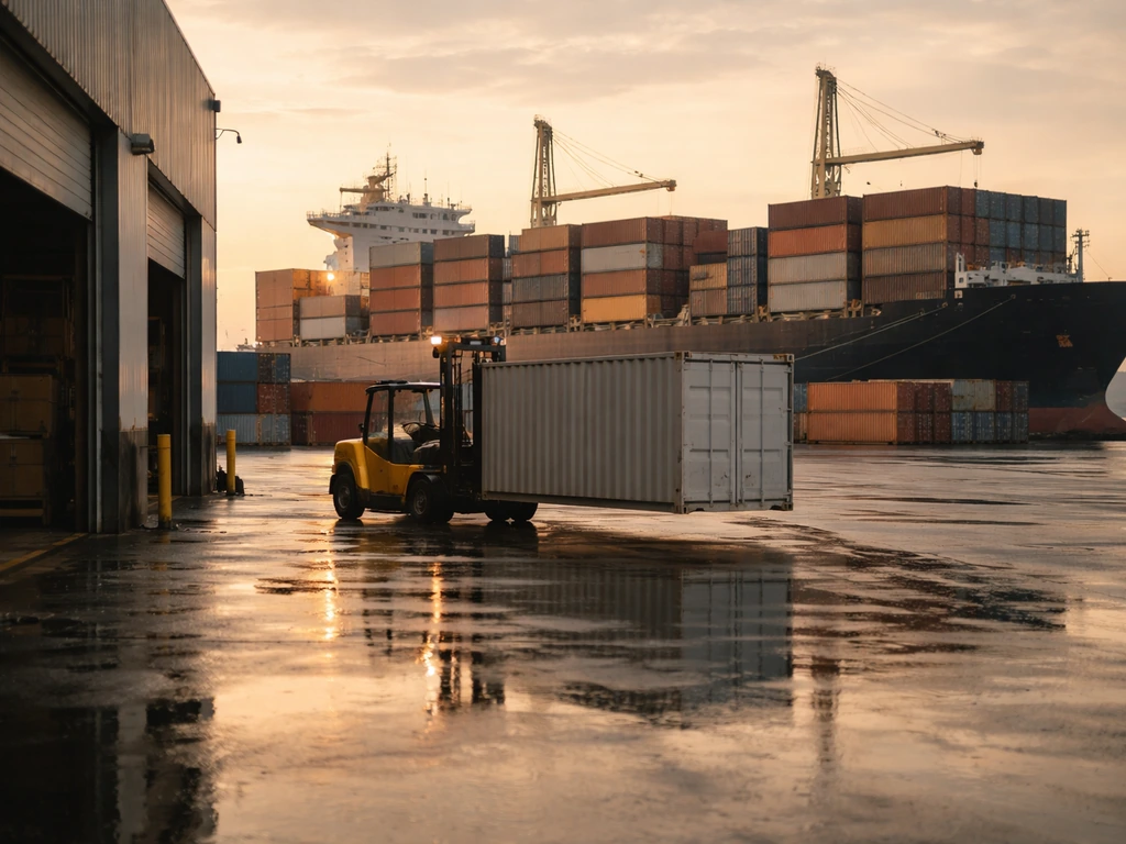 Cargo ship dock and container yard with a forklift near a warehouse loading bay at golden hour.