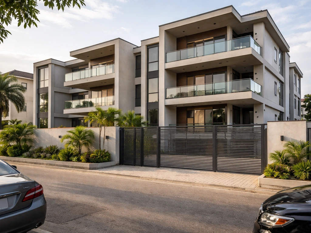 Sunlit Lagos apartment complex exterior with gated entrance and parked cars in calm street view
