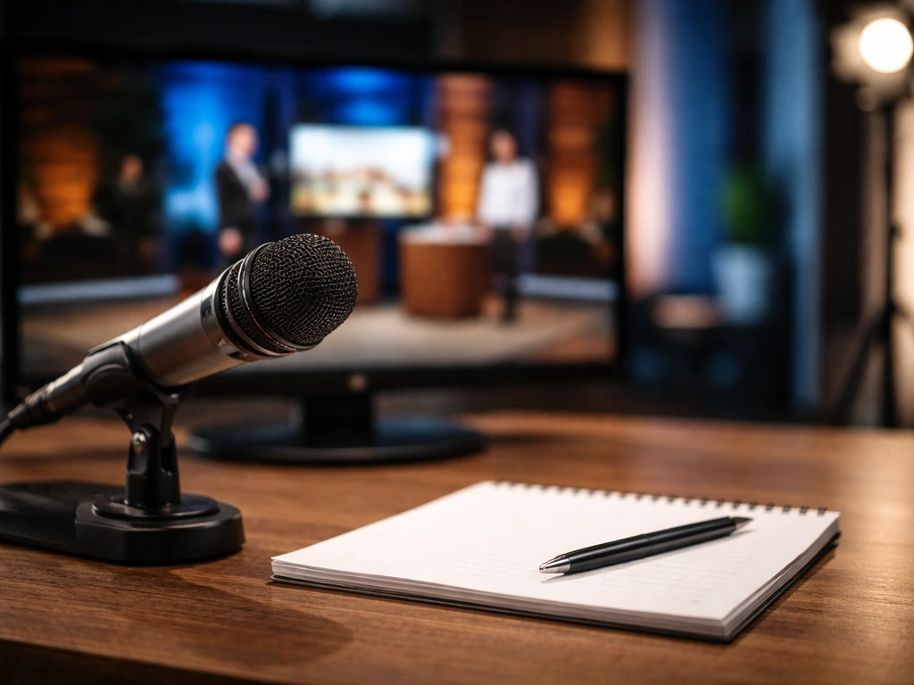 Close-up of a TV studio desk microphone and a camera monitor showing a blurred talk-show frame